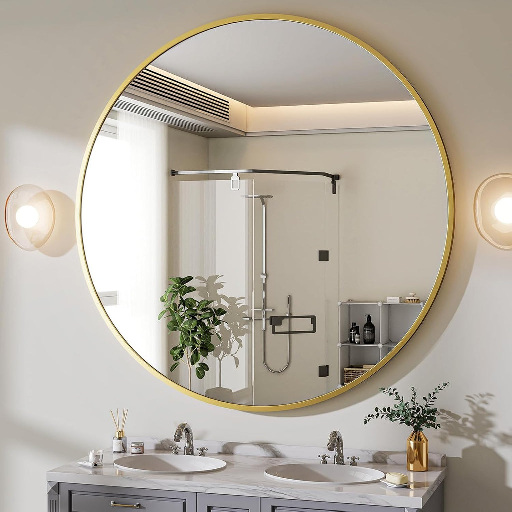 24 Inch Round Mirror, Metal Frame Circle Mirror, Wall Mounted , Vanity, Living Room, Gold