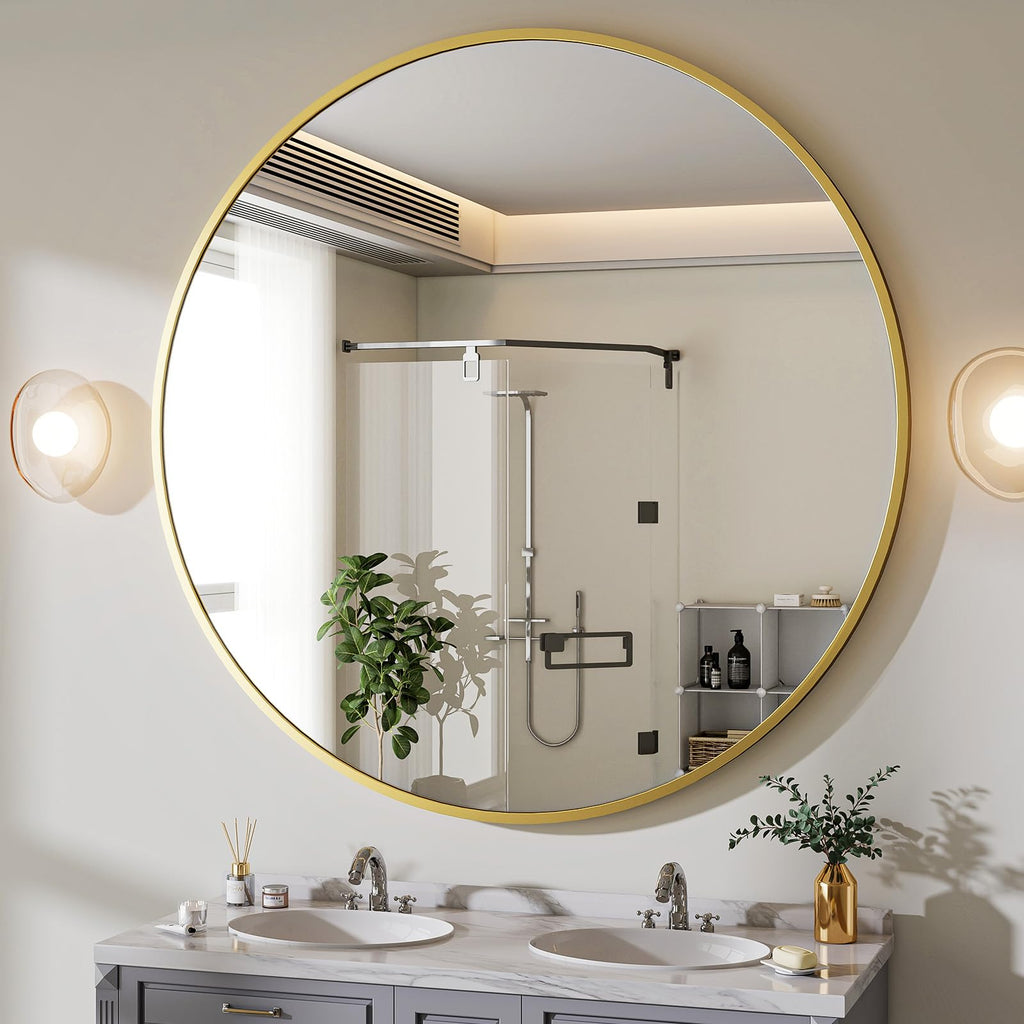 30 Inch Round Mirror, Metal Frame Circle Mirror, Gold