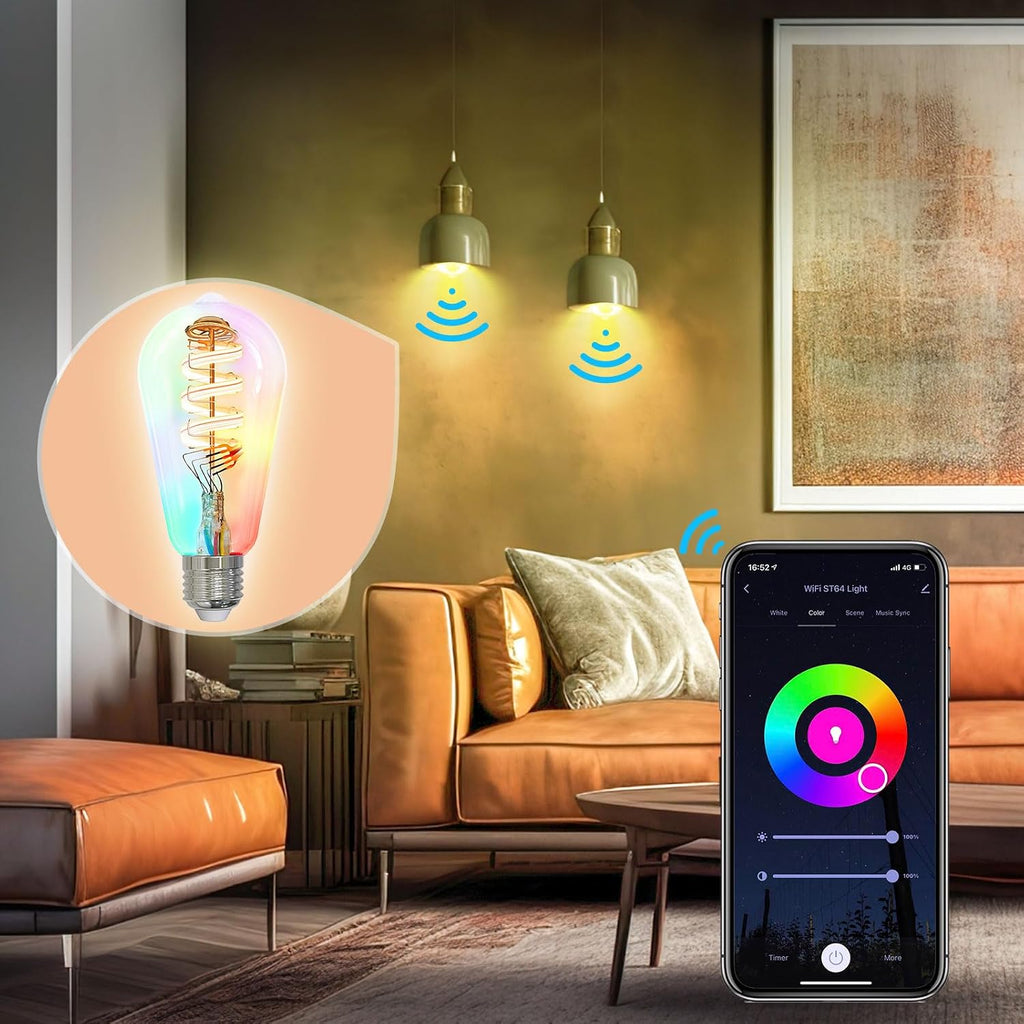 Smart WiFi Edison Light Bulb, ST64 LED Color Changing Dimmable, 2 Pack