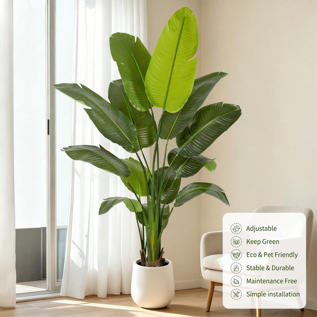 6FT Artificial Bird of Paradise Plant Tall, 71"Fake Tropical Tree with 13 Banana Leaves and White Pot, Large Faux Silk