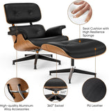 Mid-Century Modern Lounge Chair & Ottoman — Black PU Leather, Walnut Base, Standard