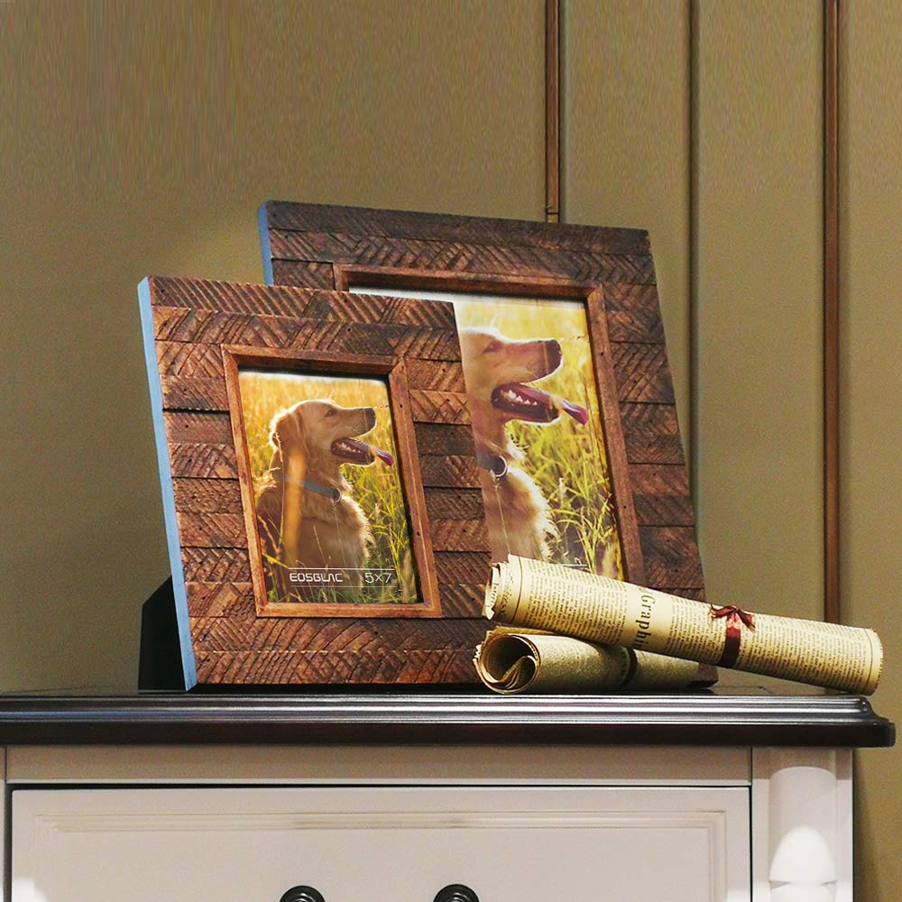Wooden 5x7 inch Picture Frame, Wood Plank Design with Rustic Brown Finish, Wall Mounting or Tabletop Display