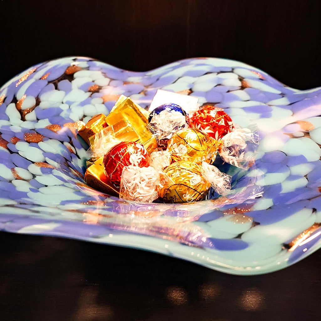 Hand Blown Murano-style Art Glass Bowl, 10.2-Inch Large Decorative Centerpiece for Table, Cobalt Blue Fruit Display &