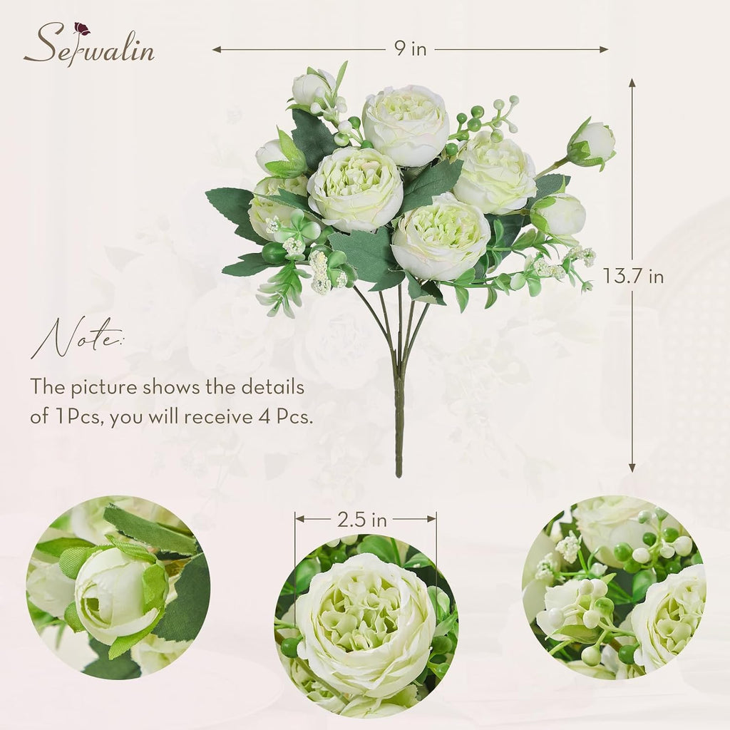 Bunches Peonies Artificial Flowers, Silk Green Peonies Bouquet Faux Flowers Bulk for Table Centerpieces Wedding - Set of 4