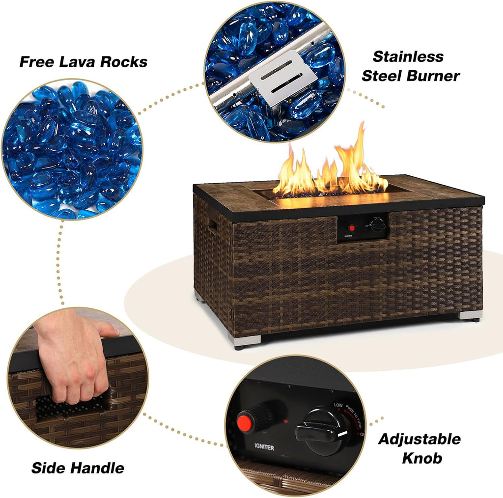 32'' Rattan Wicker Propane Fire Pit Table w/Tank Holder Rectangle | Handmade 2-Piece Wicker Fire Table for Outside