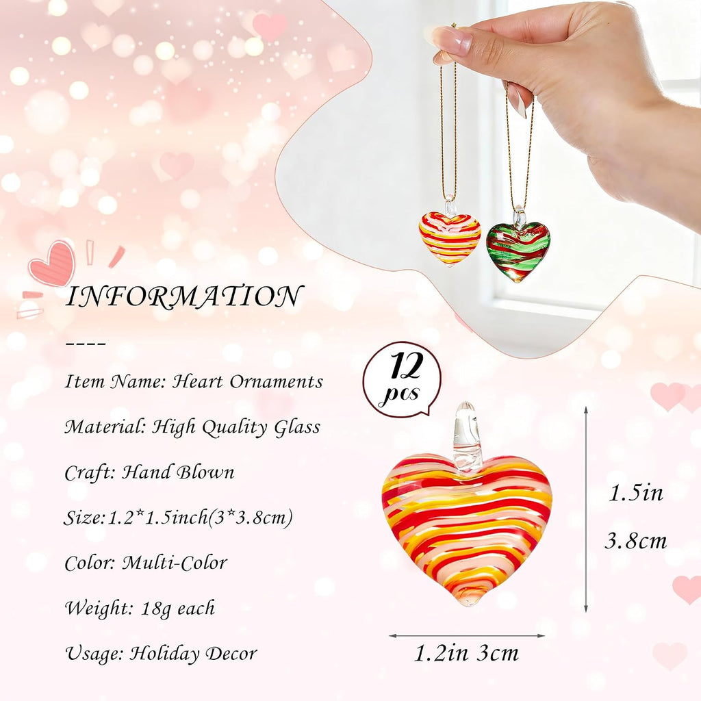Blown Glass Heart Ornaments 1.4'' Multi-Colored Heart Baubles Hanging - Set of 12