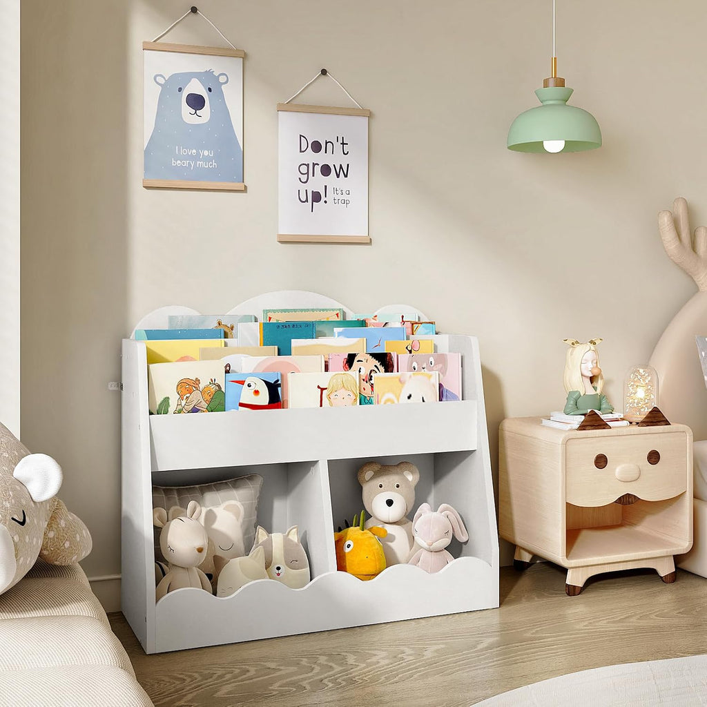 Kids Bookshelf and Toy Storage, Children's Bookcase with 2 Toy Cubes, Toddler Book Shelf for Kids Room, Wooden Book