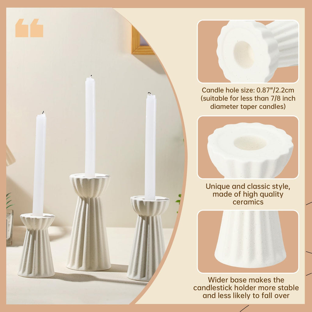 Set of 3 Ceramic Taper Candle Holder Cream White, Matte Fluted