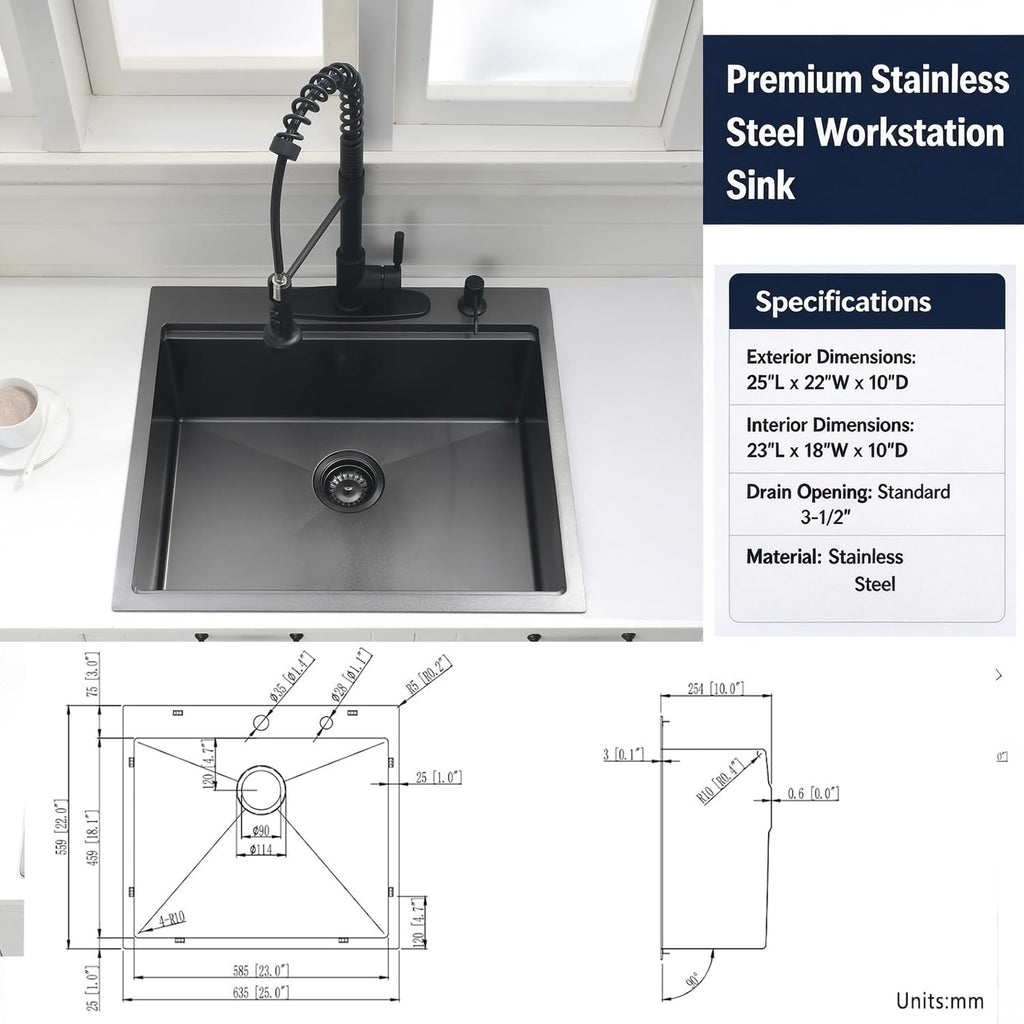 25 Inch Black Drop In - 25x22-Inch Drop In/Topmount sink
