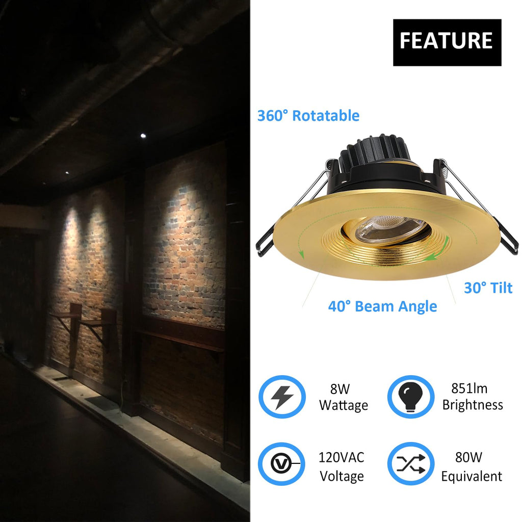 4 Inch Gimbal LED Recessed Lights 6 Pack, Adjustable Downlight, Gold