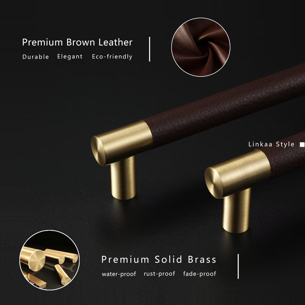 Brown Leather and Brass Gold Drawer Pulls Handles 5''CC,10 Pack