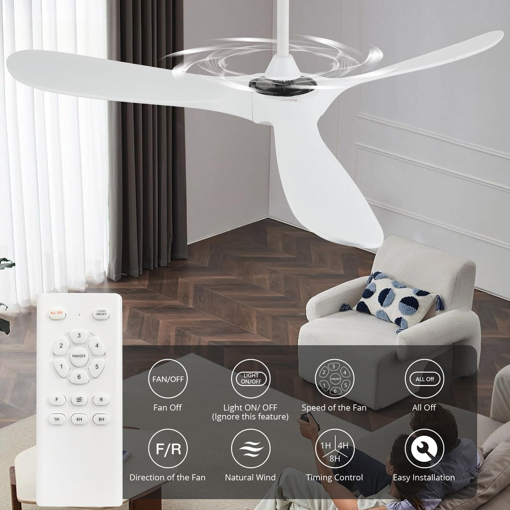 42'' Outdoor Ceiling Fan without Light, 3 Solid Wood Damp Rated Ceiling Fan with Large Airflow, White Fan, Gazebo, Porch.