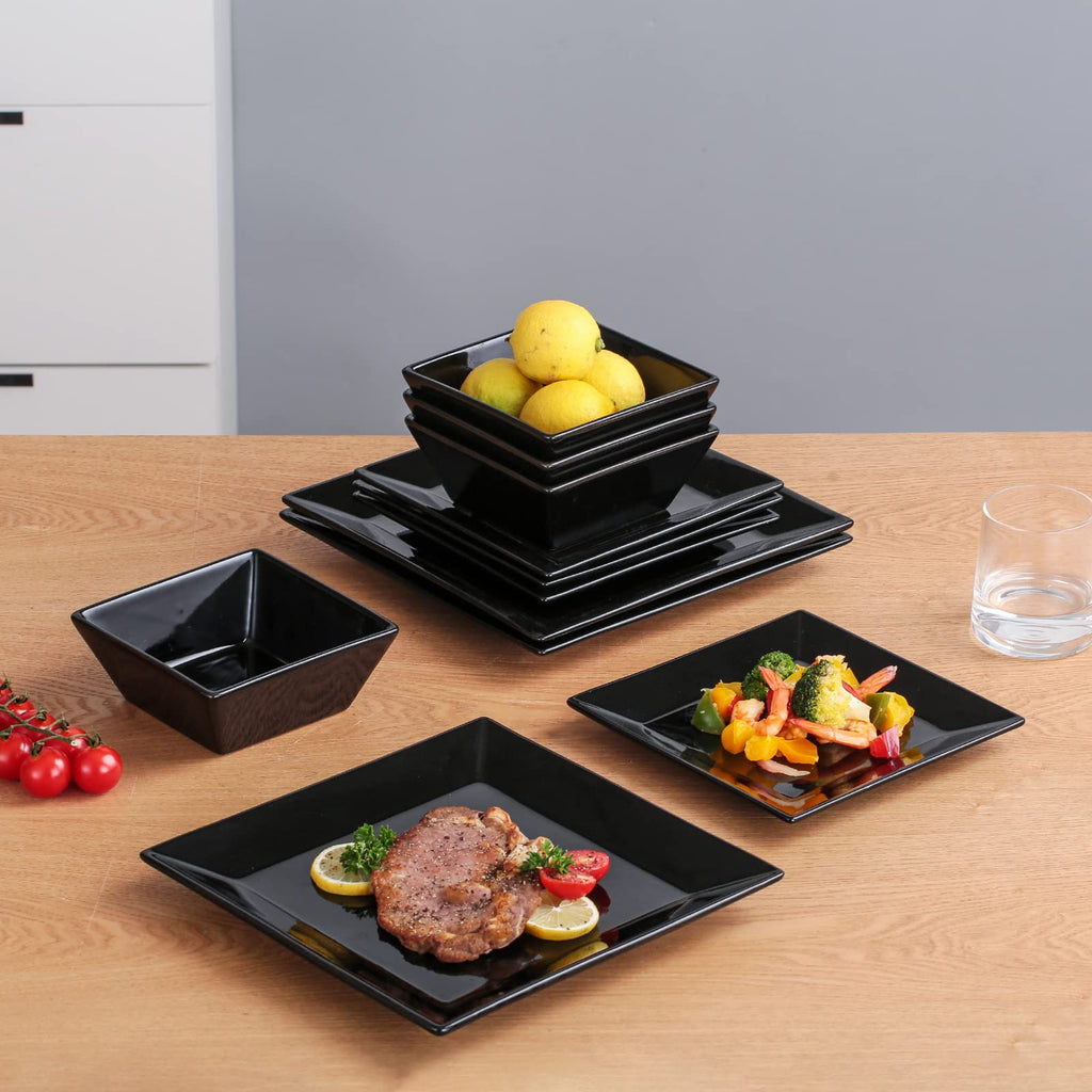 12-Piece Square Dinnerware Set, Service for 4, Porcelain Dishes Dinner, Square-Black