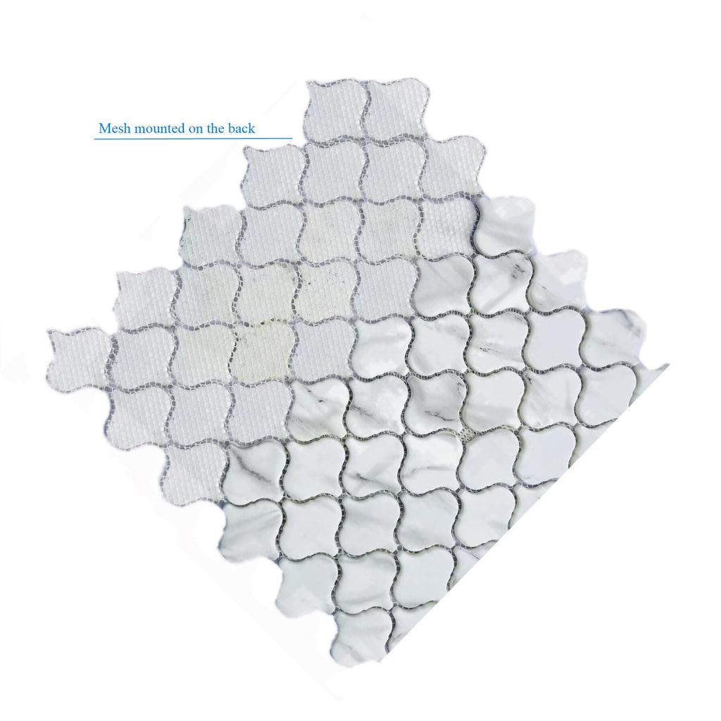 White Arabesque Glass Mosaic Tile, Carrara Marble Look Lantern Pattern, Matte Finish Backsplash Tile, Shower Wall &