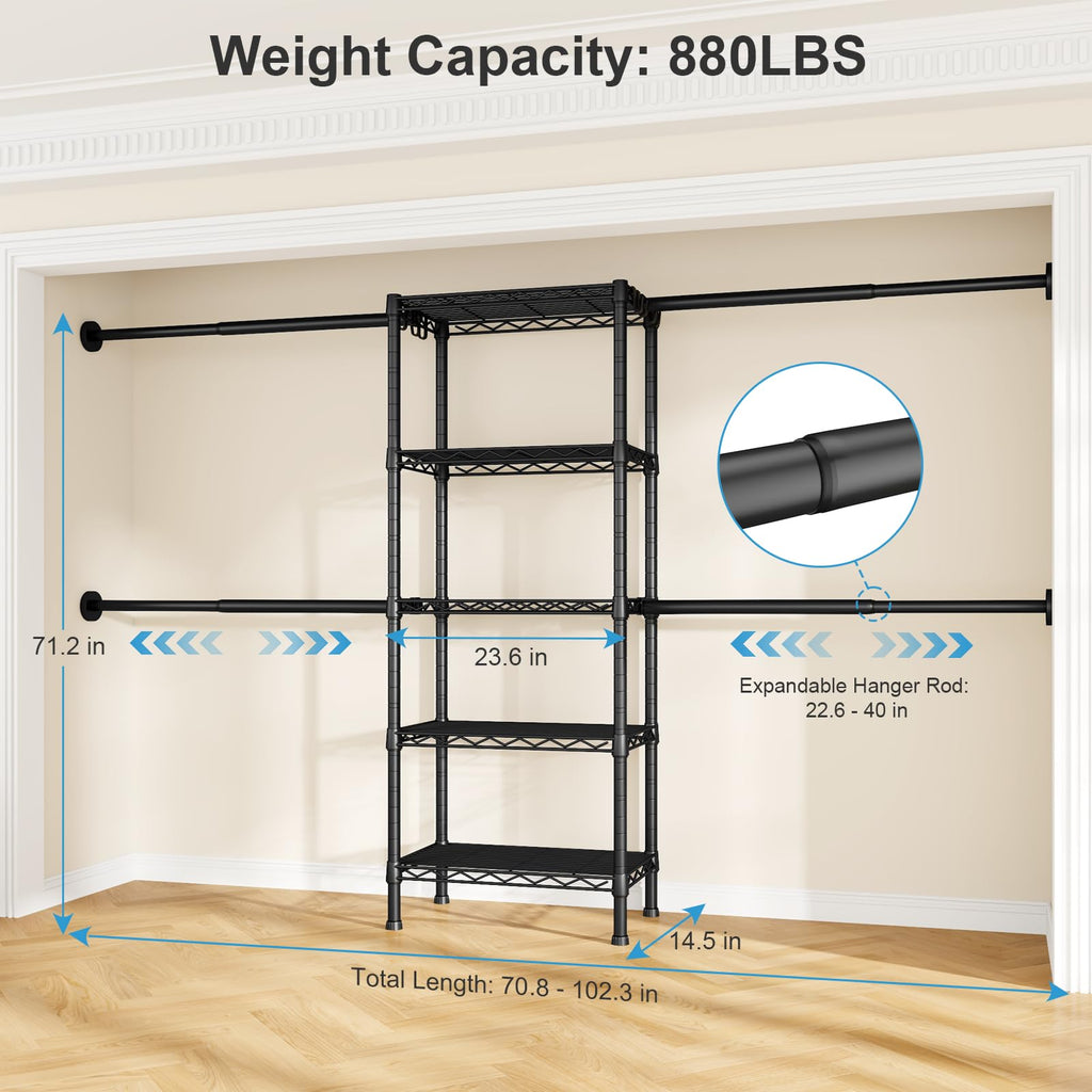 M2 Wall Mounted Closet System, Black Clothes Rack Mount onto the Wall