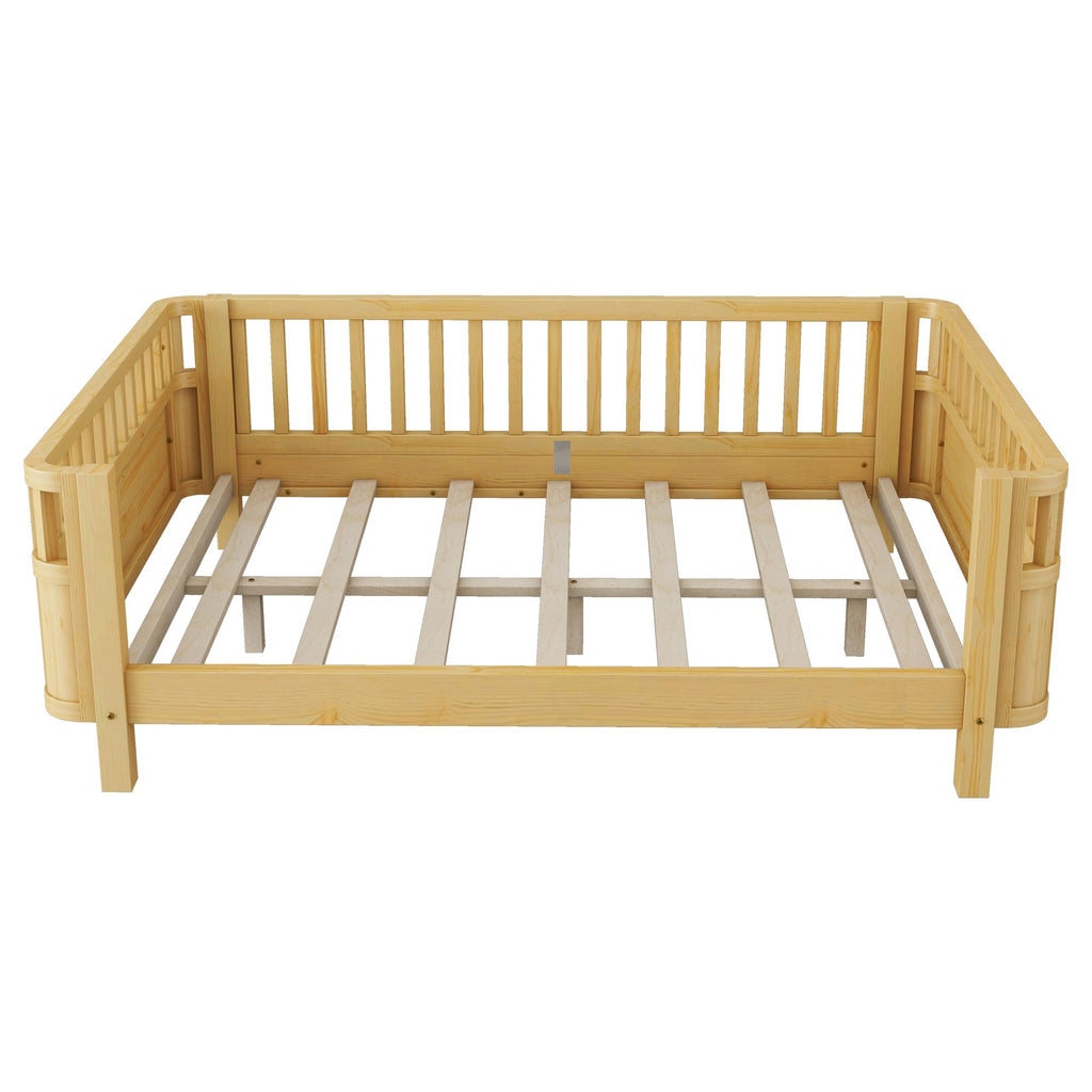 Full Size Wood Floor Bed, Montessori Platform Daybed Frame with Safety Rails & Low Profile, Space Saving U-Shaped