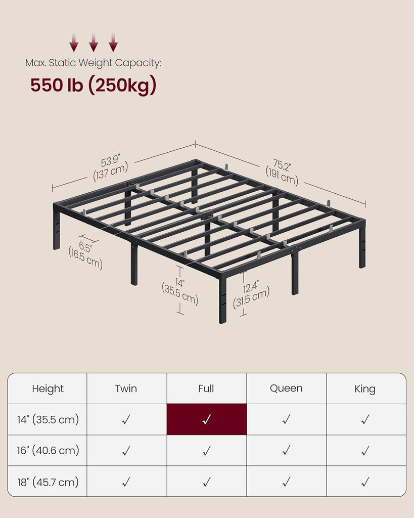 VASAGLE Full Metal Bed Frame 14 Inches Tall, 1100 lb Weight Capacity, No Box Spring Needed, with Under-Bed Storage