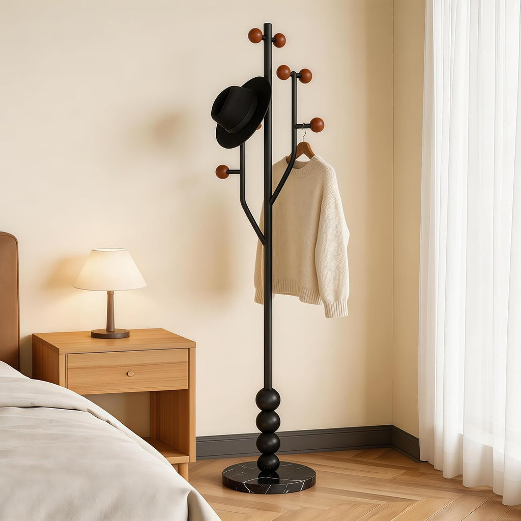 Freestanding Mid-Century Modern Tree Coat Rack | Freestanding metal rack with black marble base & wood spherical hooks