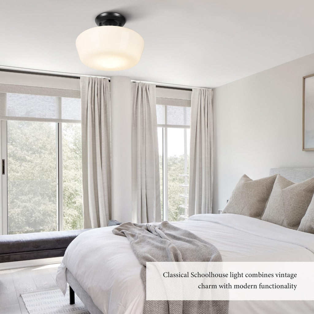 Schoolhouse Style Semi Flush Mount Ceiling Light Fixture, 12" Modern Hallway Ceiling Lamp with Opal Milk Glass Shade