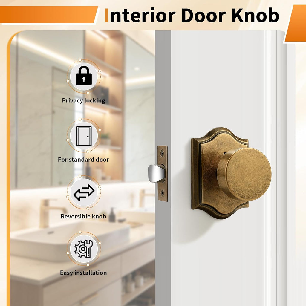 Antique Brass Door Knobs Interior, Privacy Door Knobs Bathroom, Heavy Duty Interior Door Knob with Push Button Lock