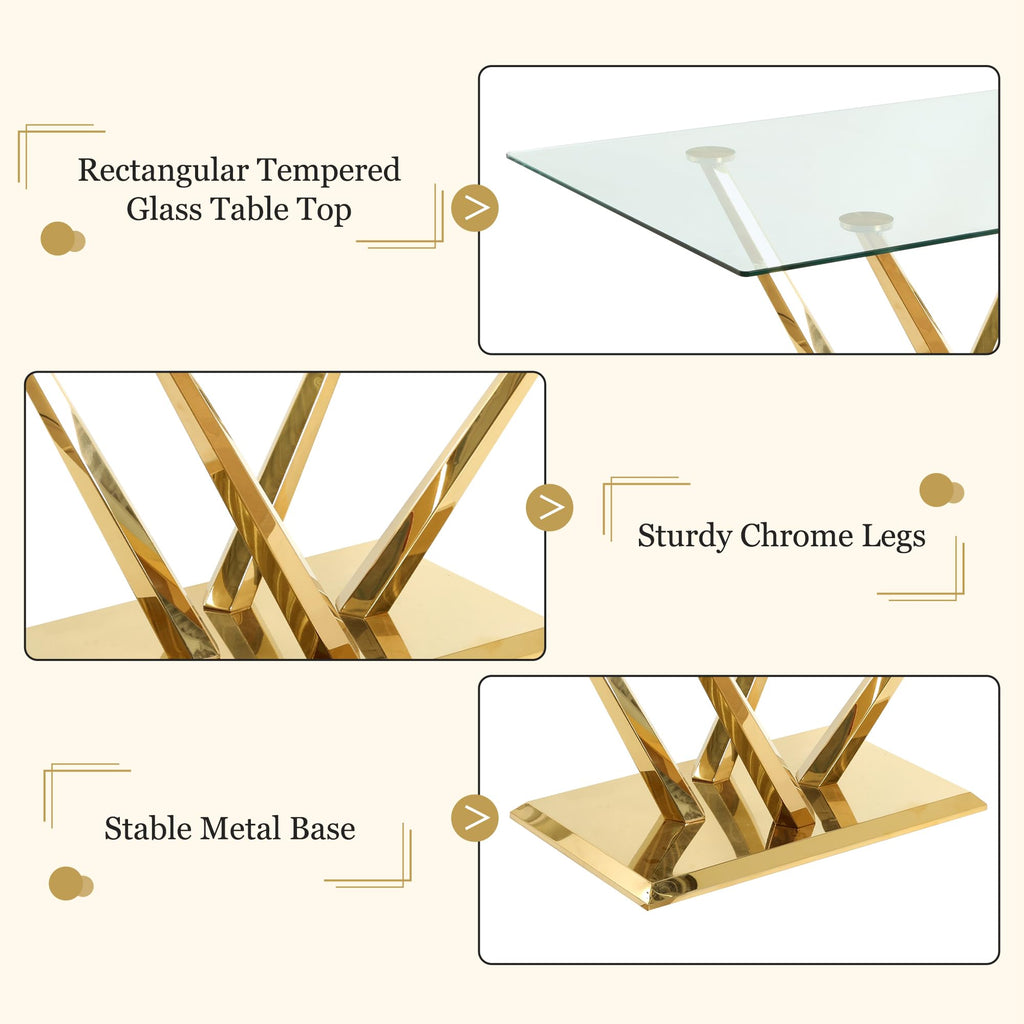63'' Rectangular Glass Dining Table for 4-6, Luxury Kitchen Table with Tempered Glass and Aesthetic Gold Stainless