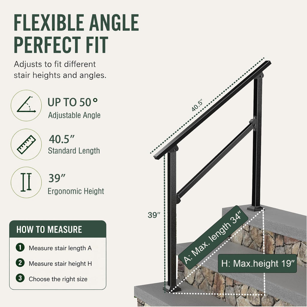 3 Step Hand Rails for Outdoor Steps, 2-Pack Metal Stair Railing Kit