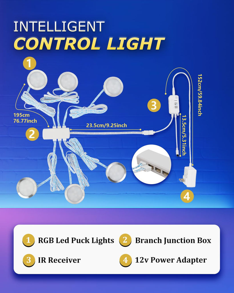 Smart RGB Puck Lights, 6-Pack 12V Wired Display & Shelf LED Kit
