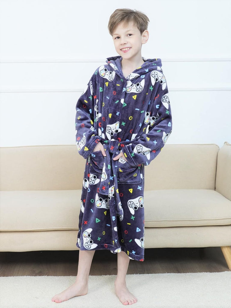 Boys Soft Hooded Bathrobe Kids Warm Gamer Fleece Robe Sleepwear