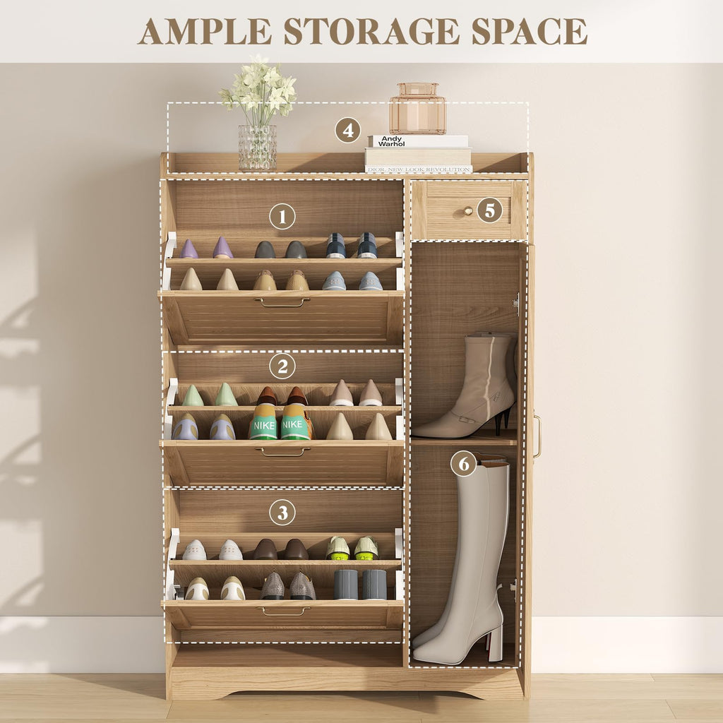 Boho Narrow Shoe Cabinet Storage, Natural Oak Hidden Shoe Rack