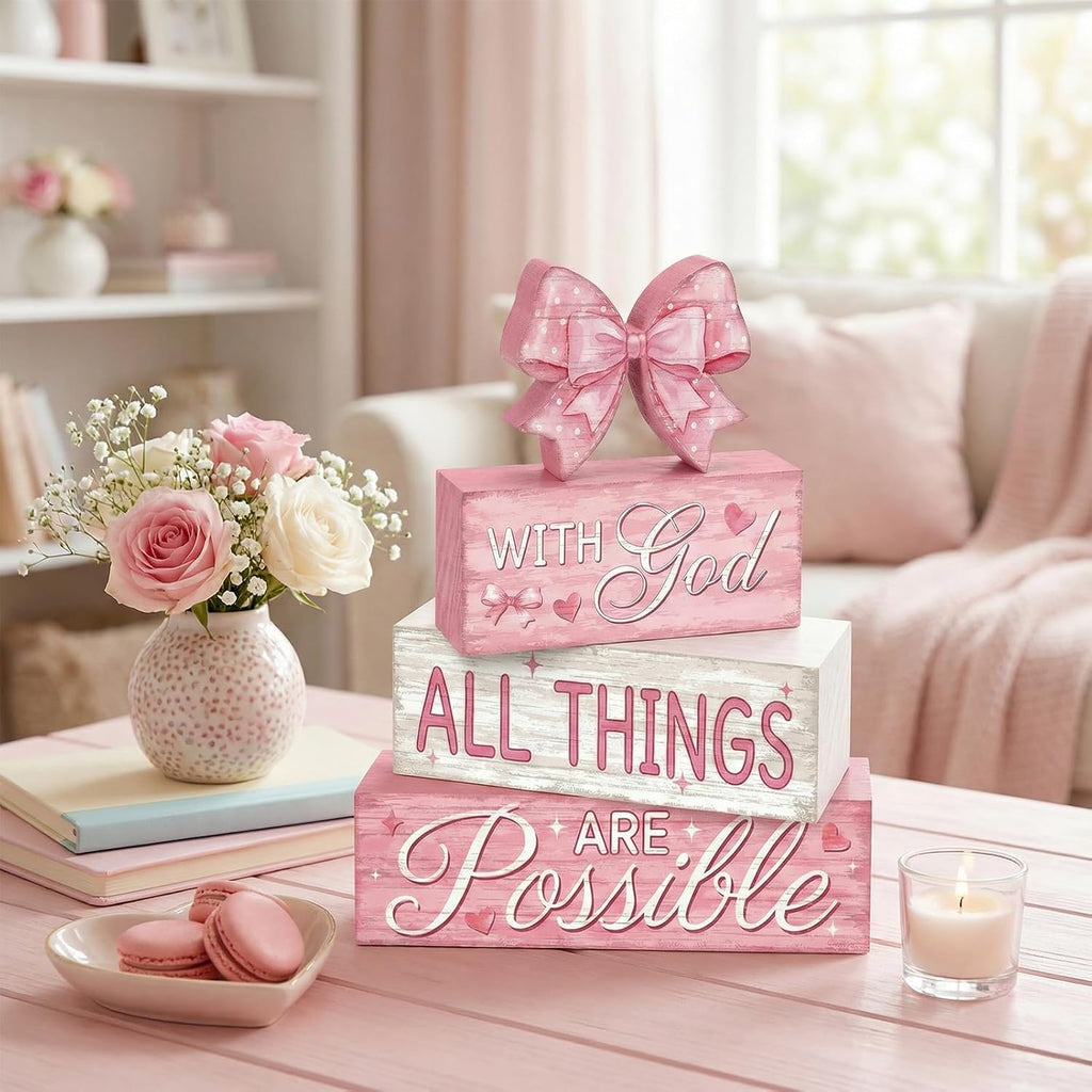 Tiered Tray Decor Set, , Wooden Table Sign, Pink Bow - Set of 4
