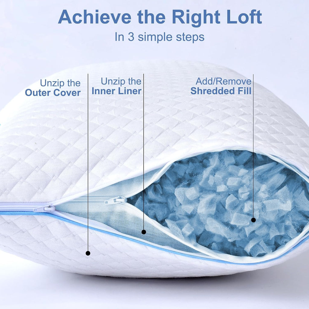 Shredded Memory Foam Pillows for Sleeping 2 Pack - Cooling Bed Pillows Standard Size Set of 2 - Firm Pillow for Side