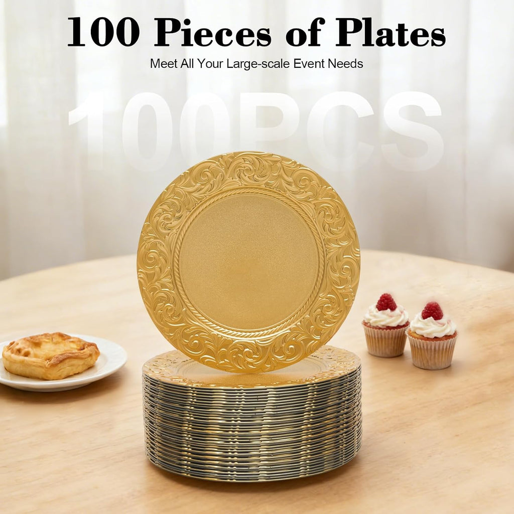 Gold Charger Plates Bulk, 13 Inch Round Charger Plate Set, Plastic Embossed Dinner Chargers Floral Plates - Set of 100