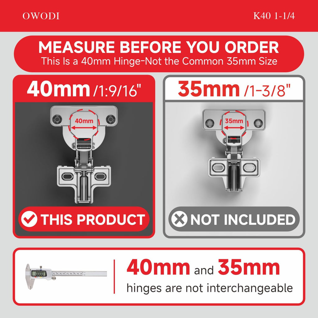 6 Pack 1-1/4 Inch Soft Close Cabinet Hinges - 40mm Cup Diameter, 95° Opening, 3-Way Self-Closing, Concealed Hinges