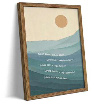 Framed Mindfulness Wall Art, Inhale Exhale Quote Canvas Print Poster, Minimalist Mountain Landscape Painting, Zen