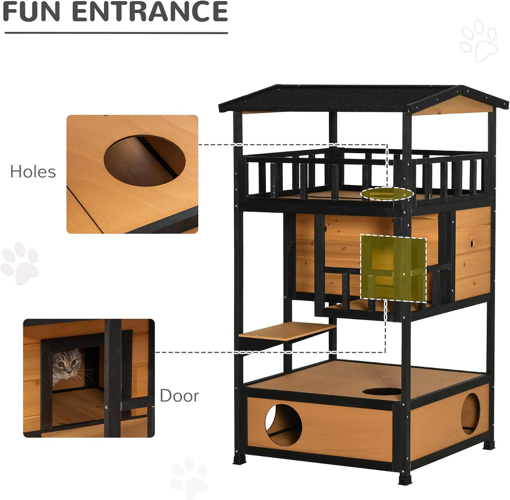3-Story Wooden Outdoor Cat House w/Raised Floor, 5 Doors Yellow