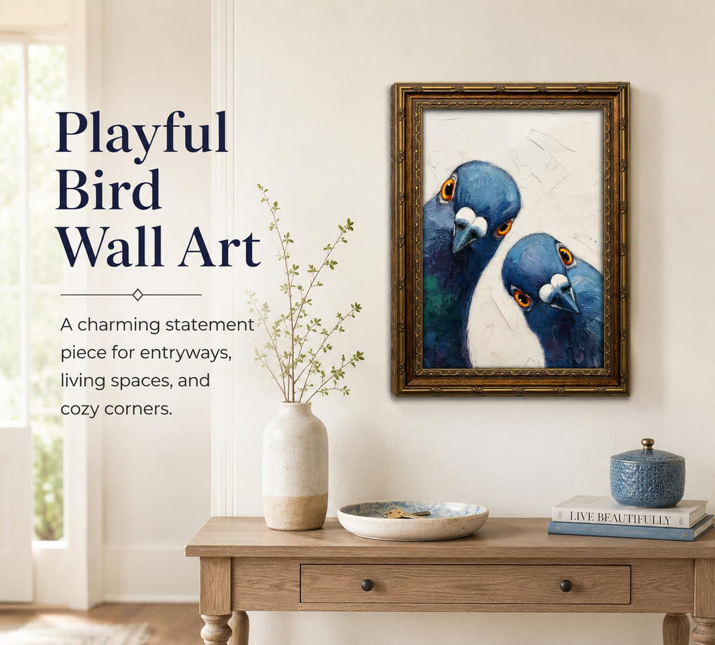 Vintage Gold Framed Whimsical Pigeon Canvas Wall Art 12x16in