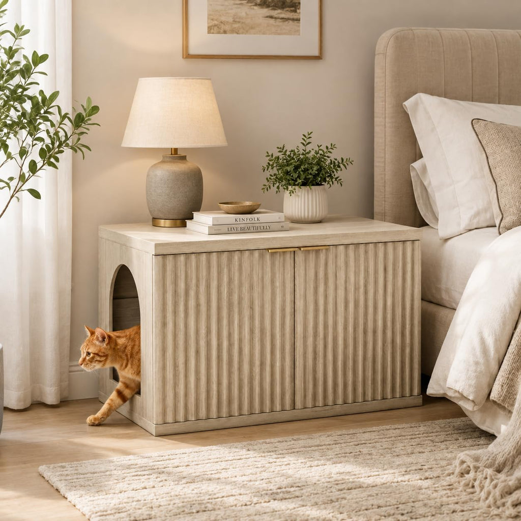 Cat Litter Box Enclosure, Modern Fluted Accent, Cream Gray