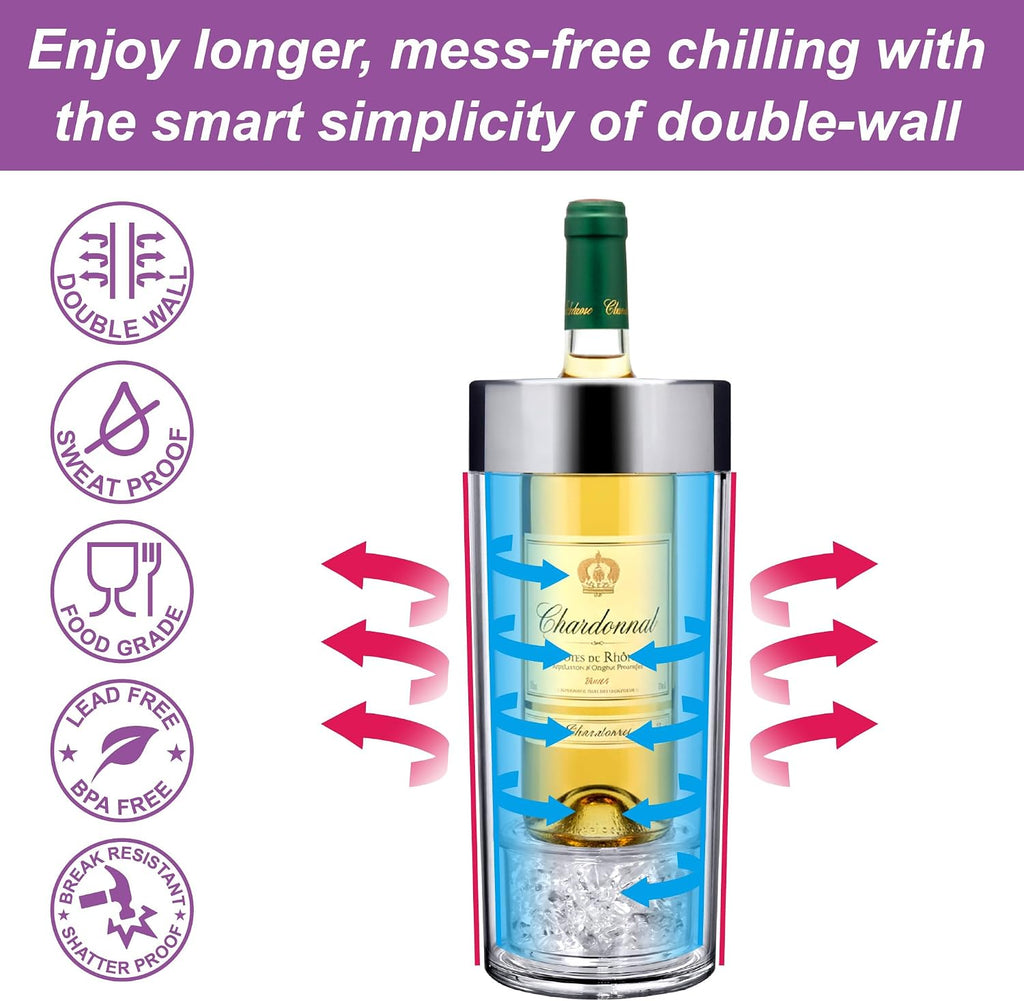 VinoChill - Acrylic Double-Wall Wine Chiller with Ice Chamber, Clear Plastic Insulated Champagne Bucket with Enhanced