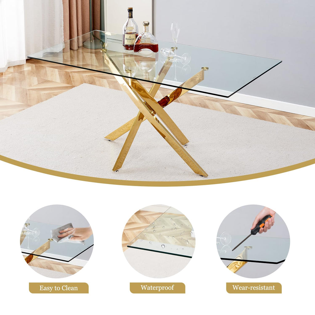63" Glass Dining Table for 4-6, Contemporary Rectangular Dining Room Table with Tempered Glass Top & Gold Finish