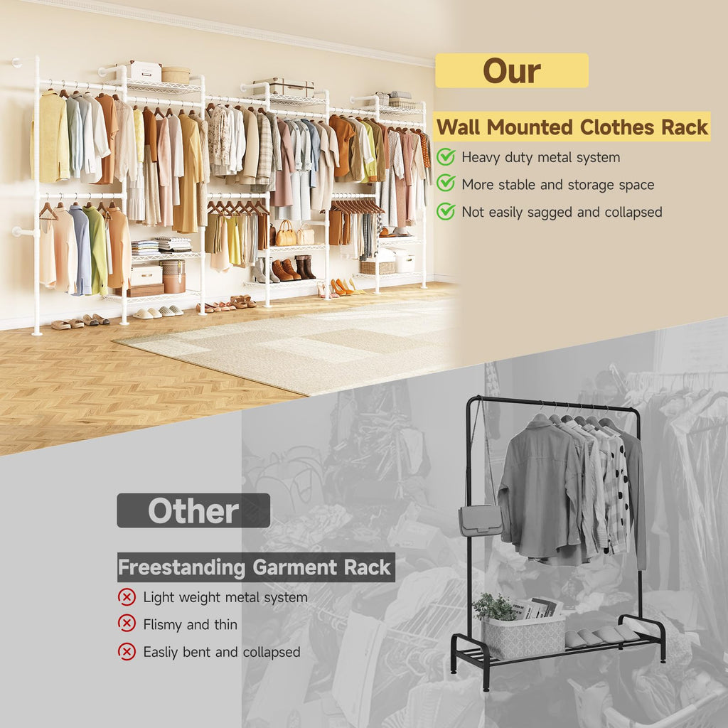 H6 Wall Mounted Closet System, Industrial Pipe Clothes Rack Clothing Racks with 6 Telescopic Rods & 3 Fixing Rods & 9