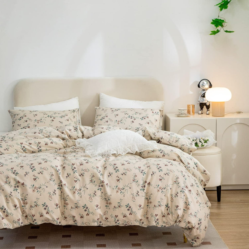 Duvet Cover Floral, Brushed Microfiber 3 Pieces Bedding Set, Garden Style Vintage Floral Duvet Cover