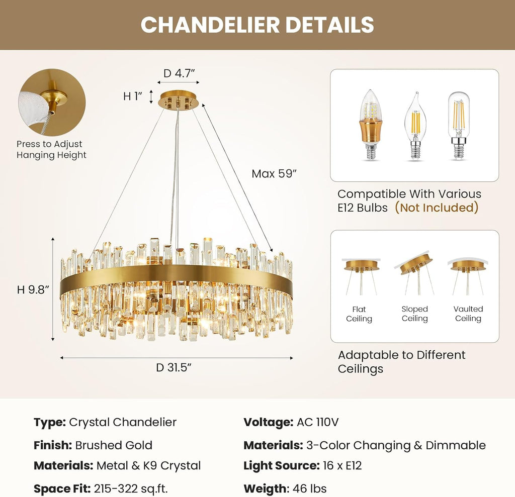 16-Light Modern Crystal Chandelier, Large Gold Round 2-Tiers K9 Crystal Chandelier, Luxury Flush Mount Crystal