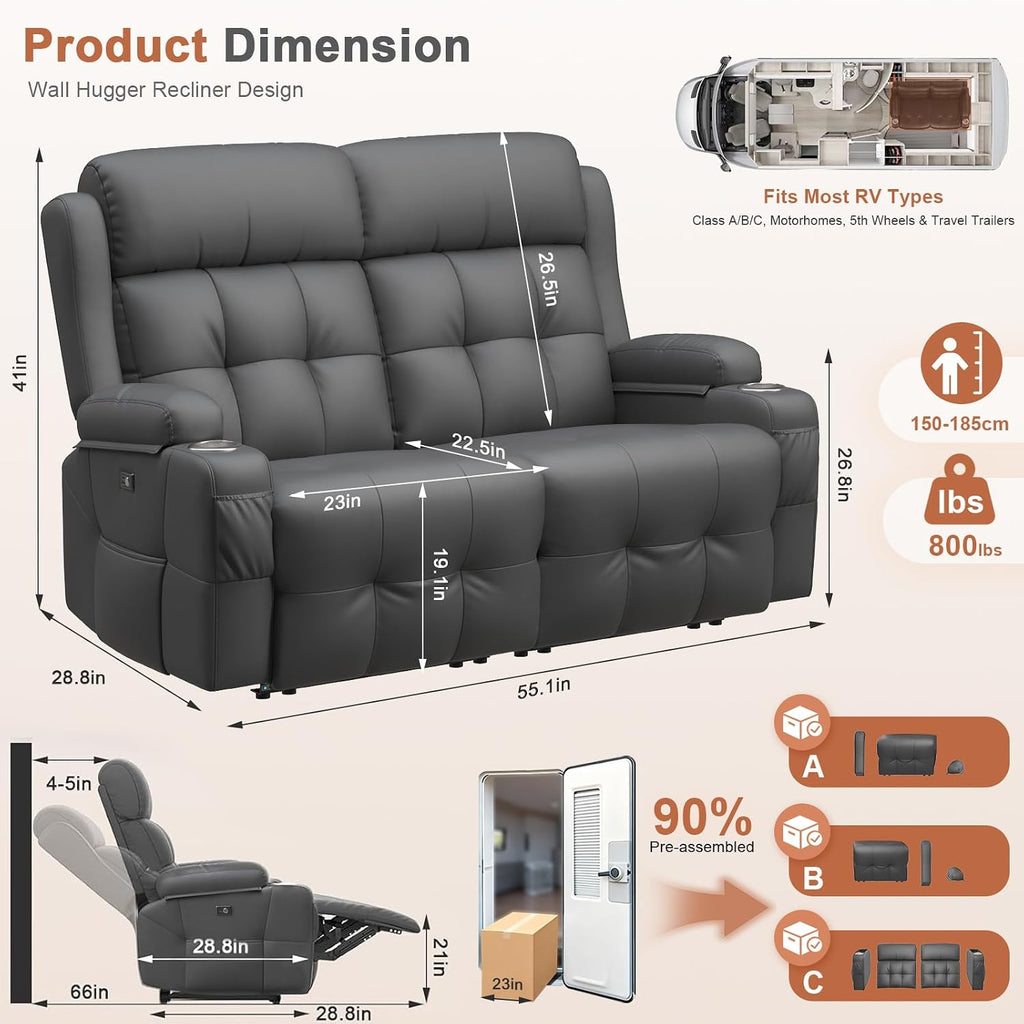 RV Loveseat Recliner Sofa, Massage Wall Hugger Recliners Couch with USB Port, Side Pockets, Cup Holders