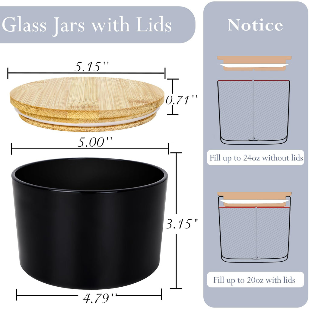 6 Pack 24oz Matte Black Glass Candle Jars with Airtight Bamboo Lids
