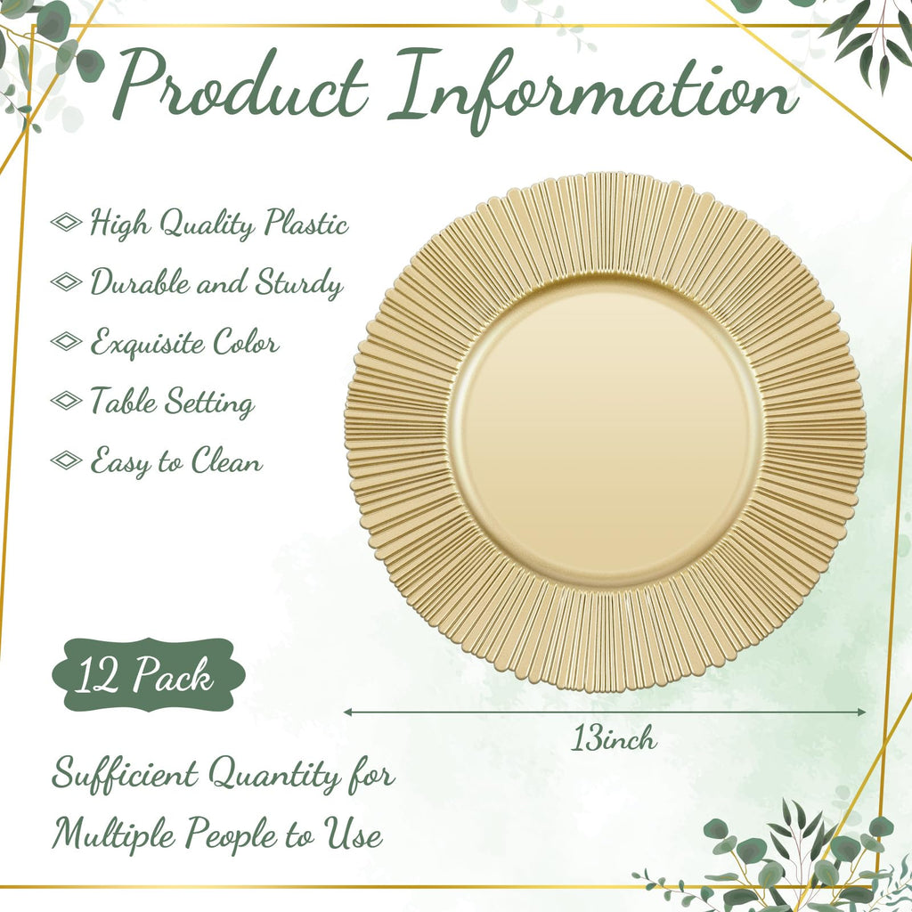 12 Pcs Charger Plates Plastic 13" Chargers for Dinner, Light Gold
