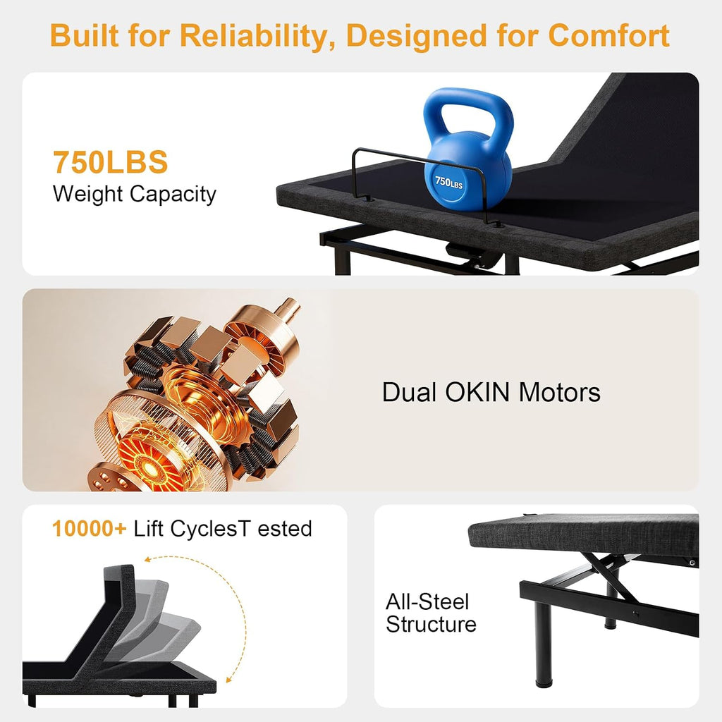 Split King Adjustable Bed Frame with Head and Foot Lift & Head-Pillow-Tilt, Electric Bed Base with Under-Bed LED