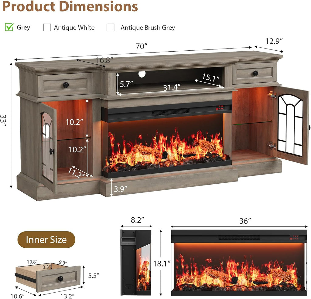 70" Farmhouse Fireplace TV Stand for TVs up to 80", Entertainment Center with 36" 3-Side Glass Electric Fireplace