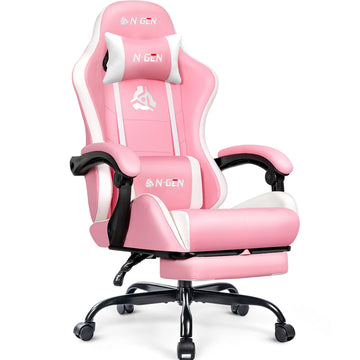 Gaming Chair with Footrest, Lumbar, High-Back, Pink White