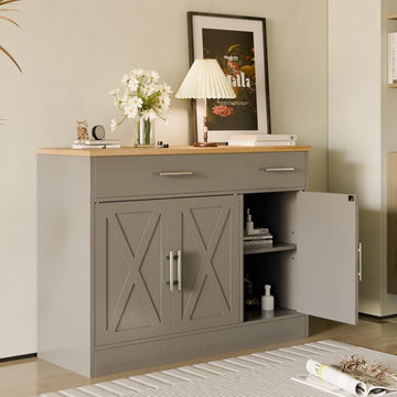 Kitchen Buffet Sideboard Cabinet, Wooden Storage with 3 Doors and 2 Drawers, Adjustable Shelf, Modern Farmhouse
