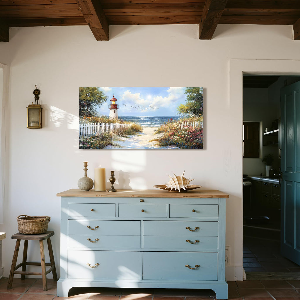 Beach Lighthouse Wall Art, Seaside Wildflower Art Prints 20"x40"
